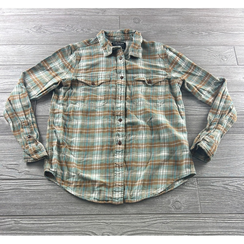 Filson Womens Small Blue Tan Plaid Performance Long Sleeve Button Up Shirt